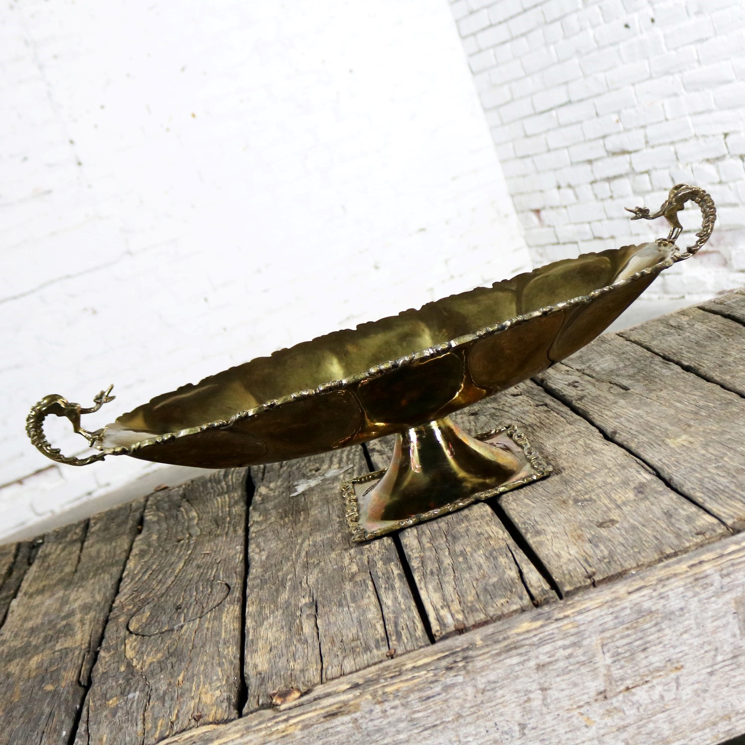 Hand Wrought Brass Centerpiece Compote Bowl with Cast Details and Dragon Handles Monumental