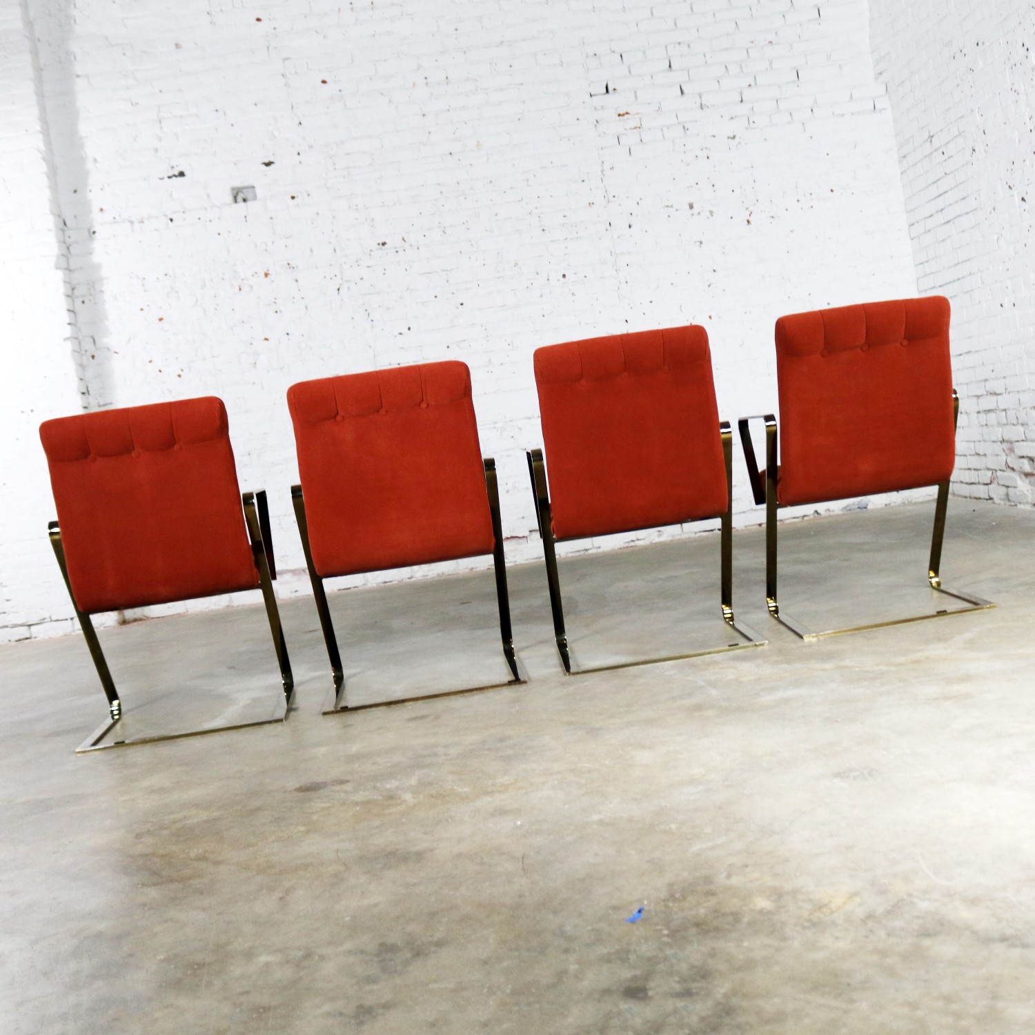Z Frame Brass Plate Dining Chairs Style Milo Baughman Burnt Orange Velvet Set of Four