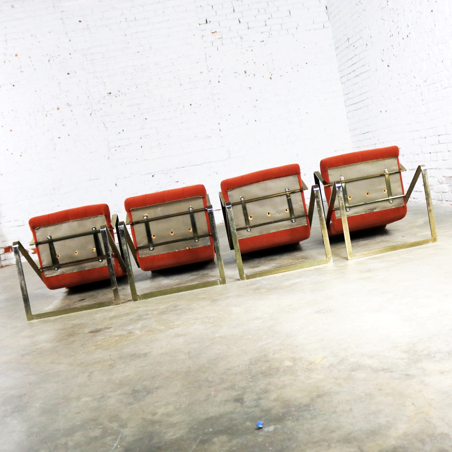 Z Frame Brass Plate Dining Chairs Style Milo Baughman Burnt Orange Velvet Set of Four
