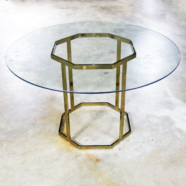 Milo Baughman Style Octagon Brass Plated Metal Dining Table with Round Glass Top