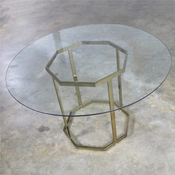 Milo Baughman Style Octagon Brass Plated Metal Dining Table with Round Glass Top