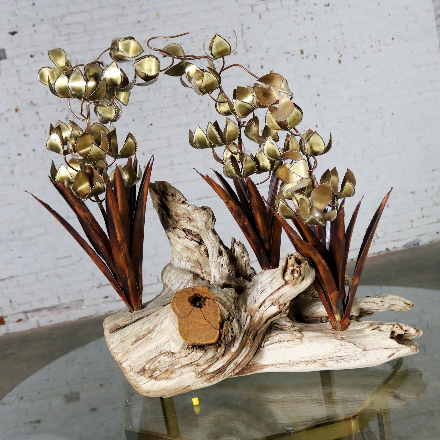 Torch cut Brutalist Floral Copper and Brass Sculpture on Driftwood