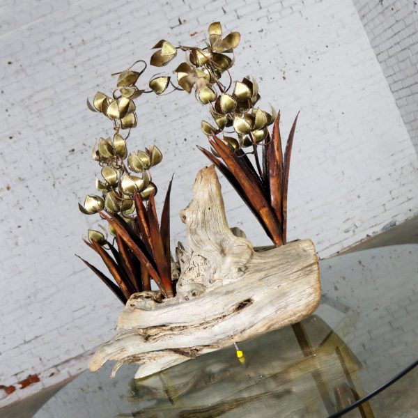 Torch cut Brutalist Floral Copper and Brass Sculpture on Driftwood