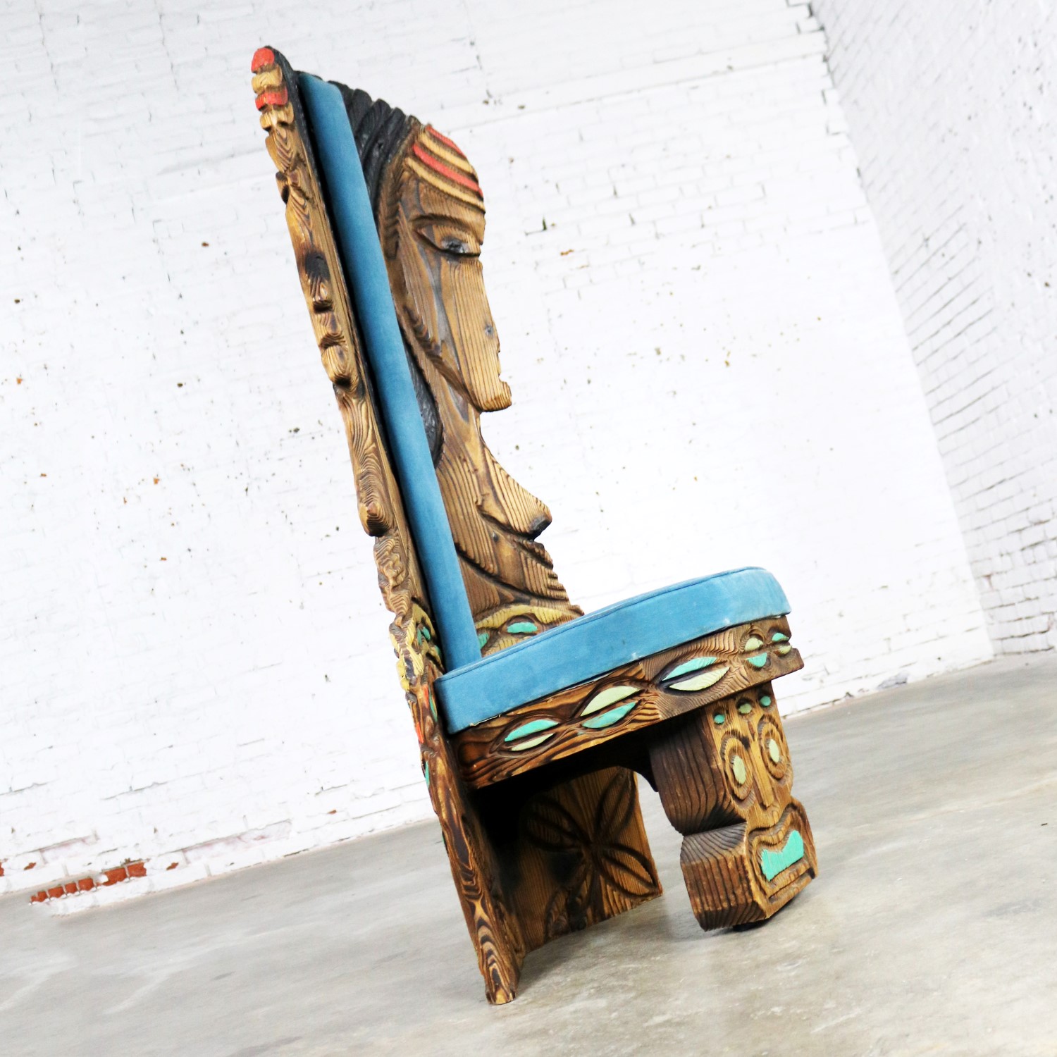 Witco Female Tiki Chair with Carved Tiki Females Mid Century Sky Blue Velvet Upholstery