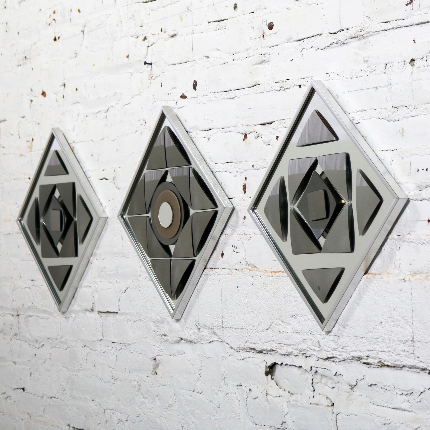 Pop Art Op Art Geometric Trio of Framed Mirror Wall Sculptures by Hal Bienenfeld