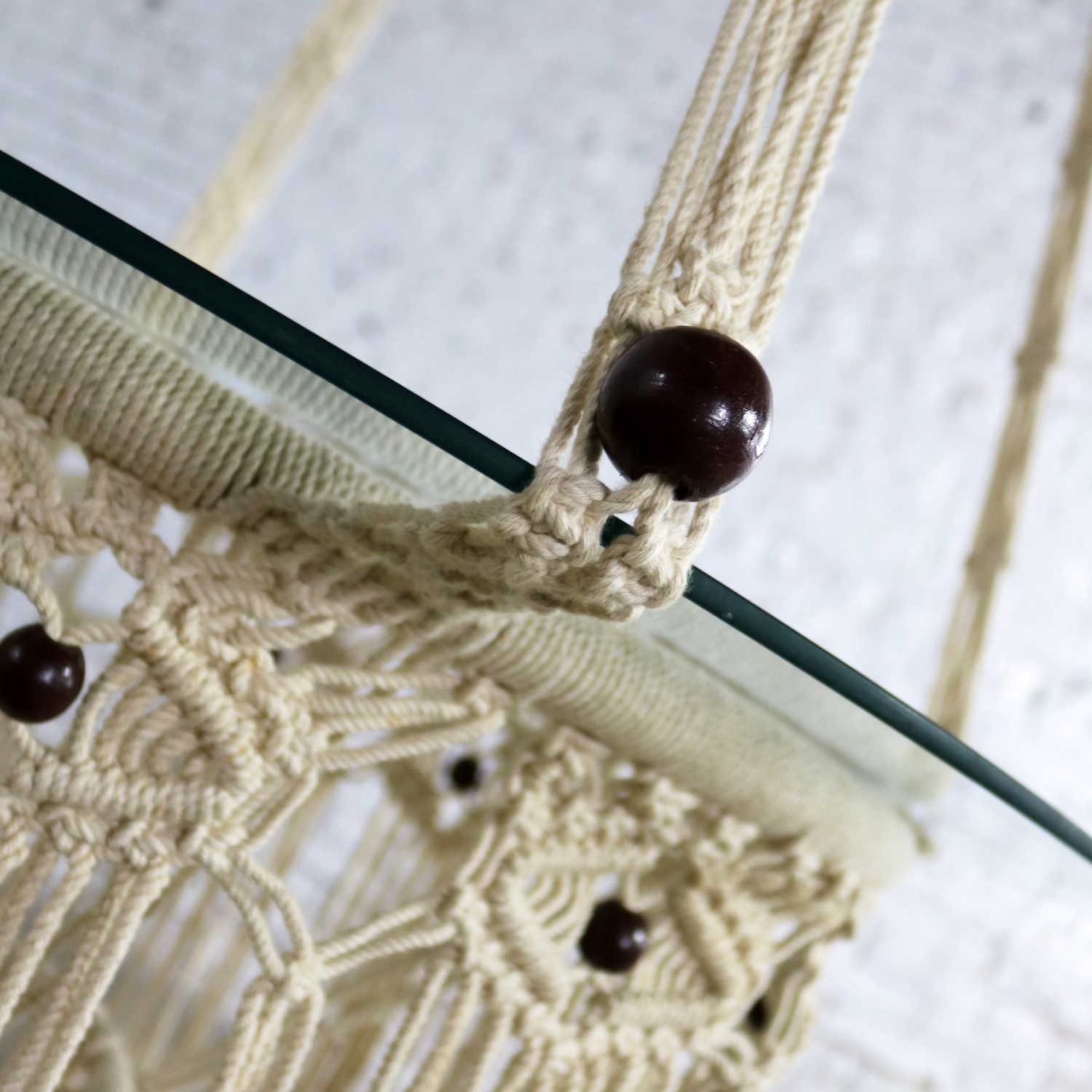 Vintage Bohemian White Macramé Hanging Table with Round Glass Top