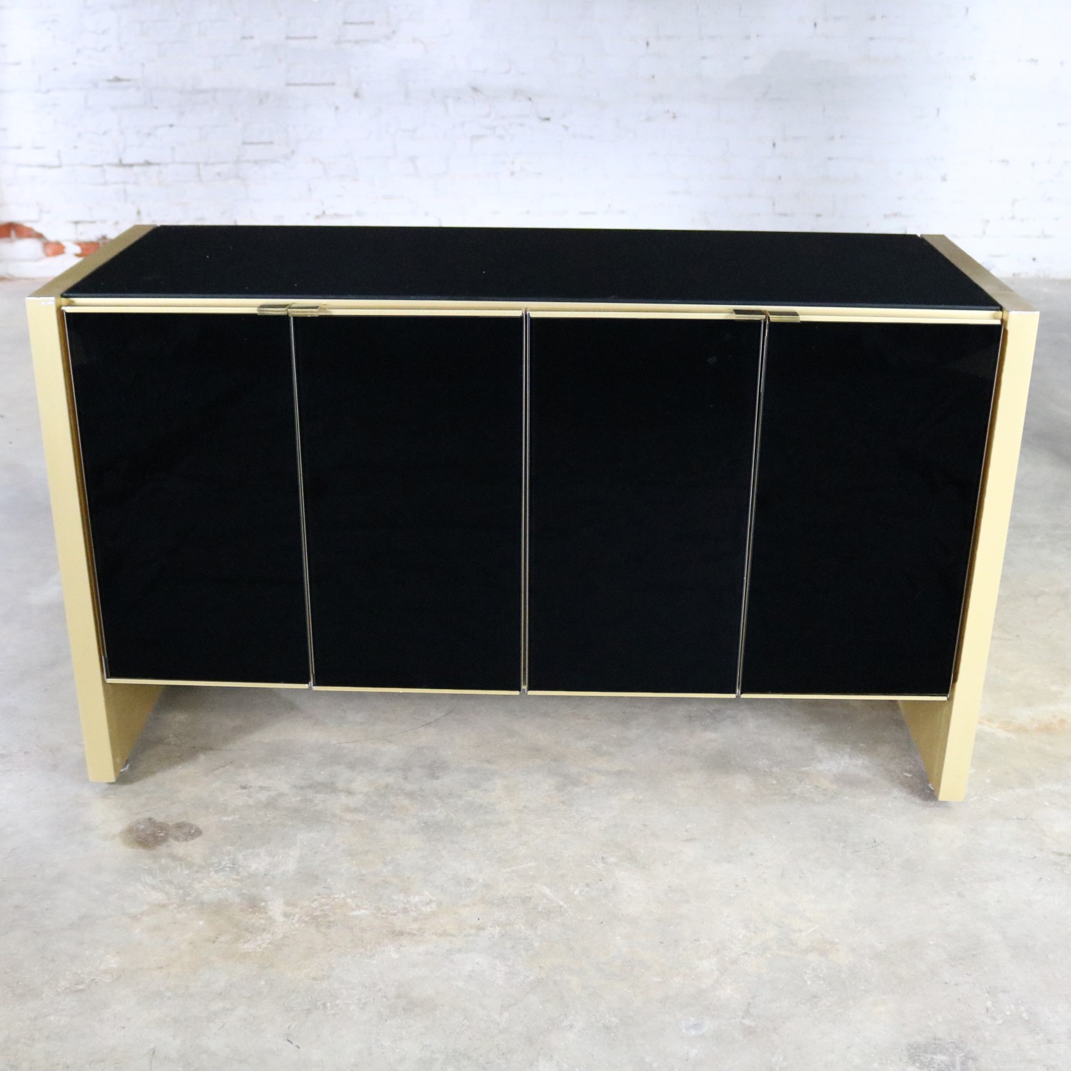 Ello Black Glass and Gold Anodized Aluminum Small Server Credenza Cabinet