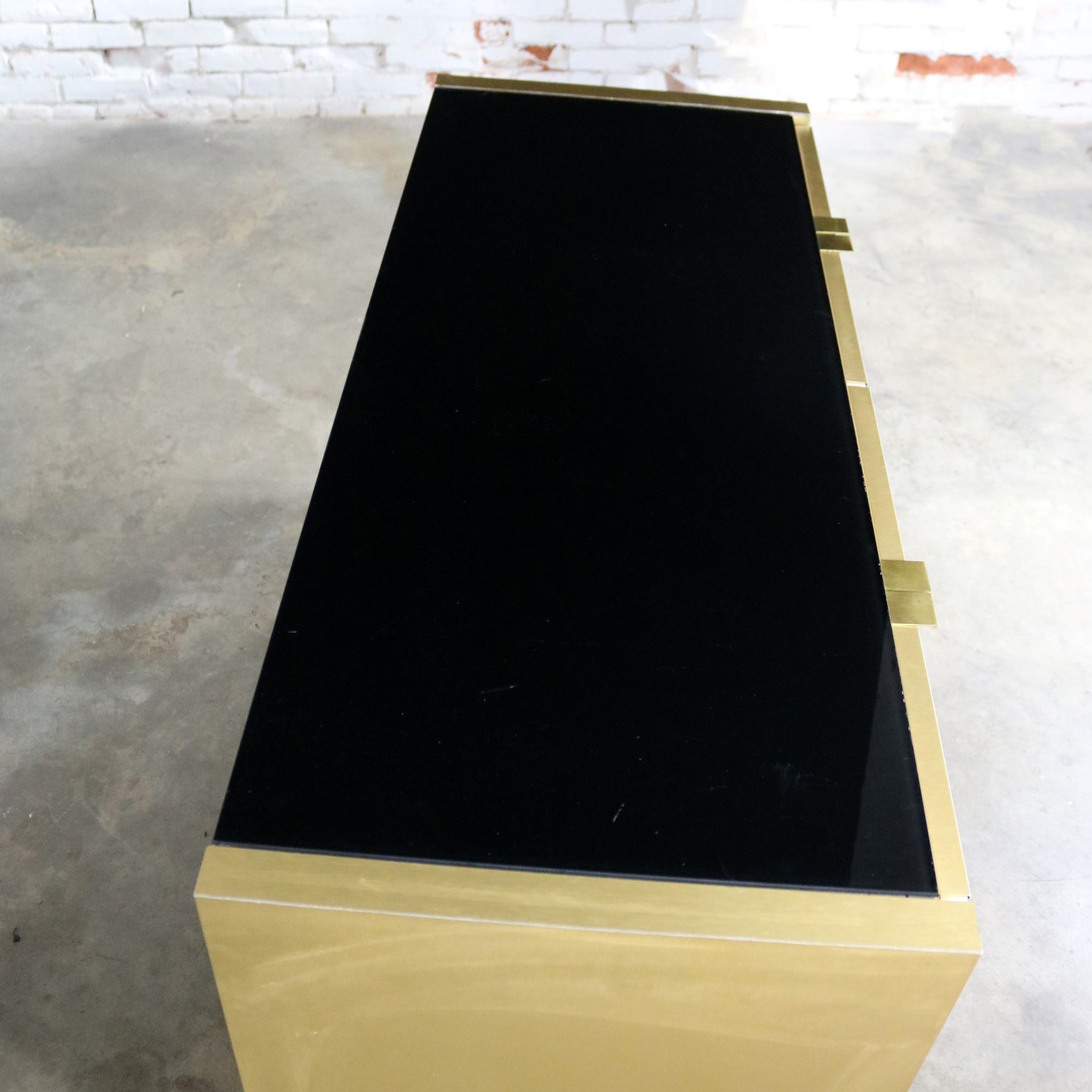 Ello Black Glass and Gold Anodized Aluminum Small Server Credenza Cabinet