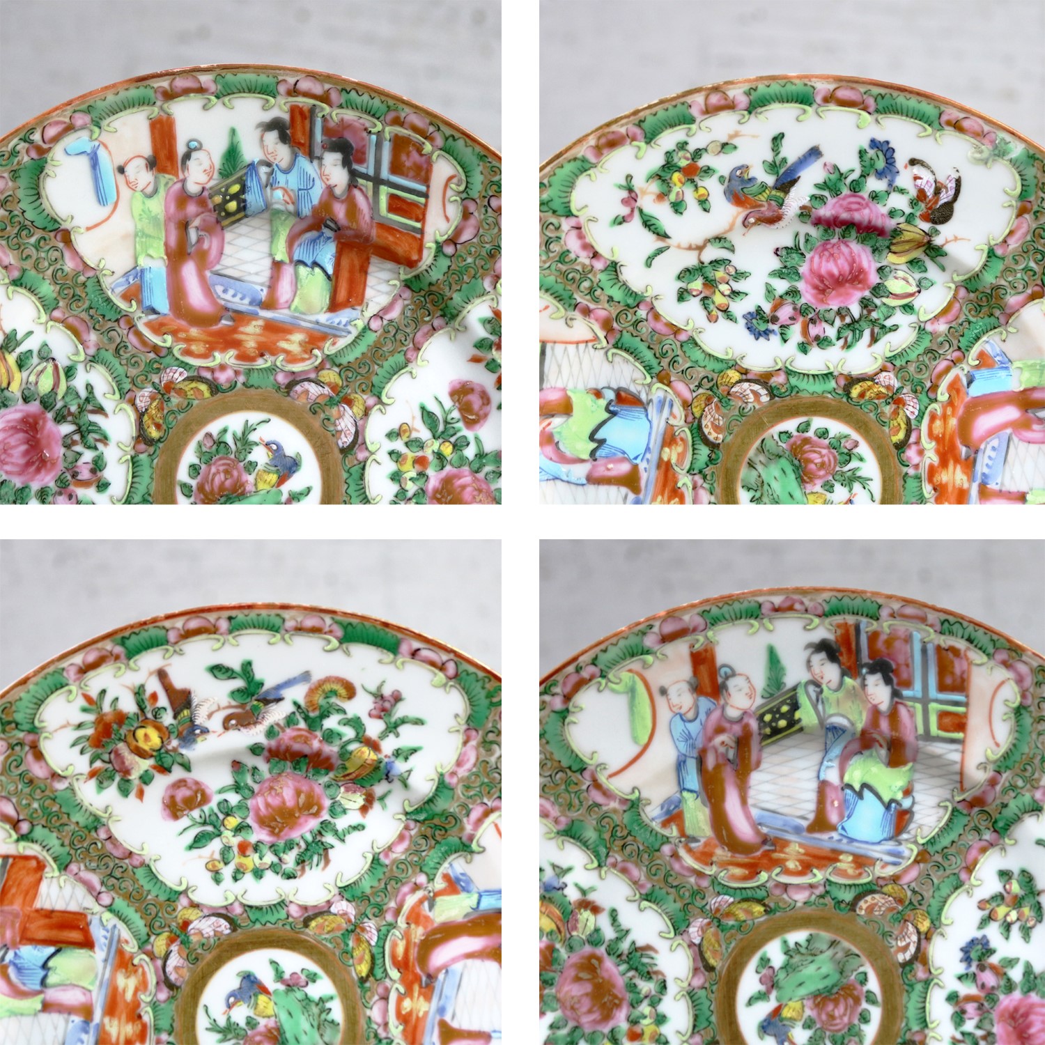 Antique Chinese Qing Rose Medallion Porcelain 8.5 Inch Plates Set of 2