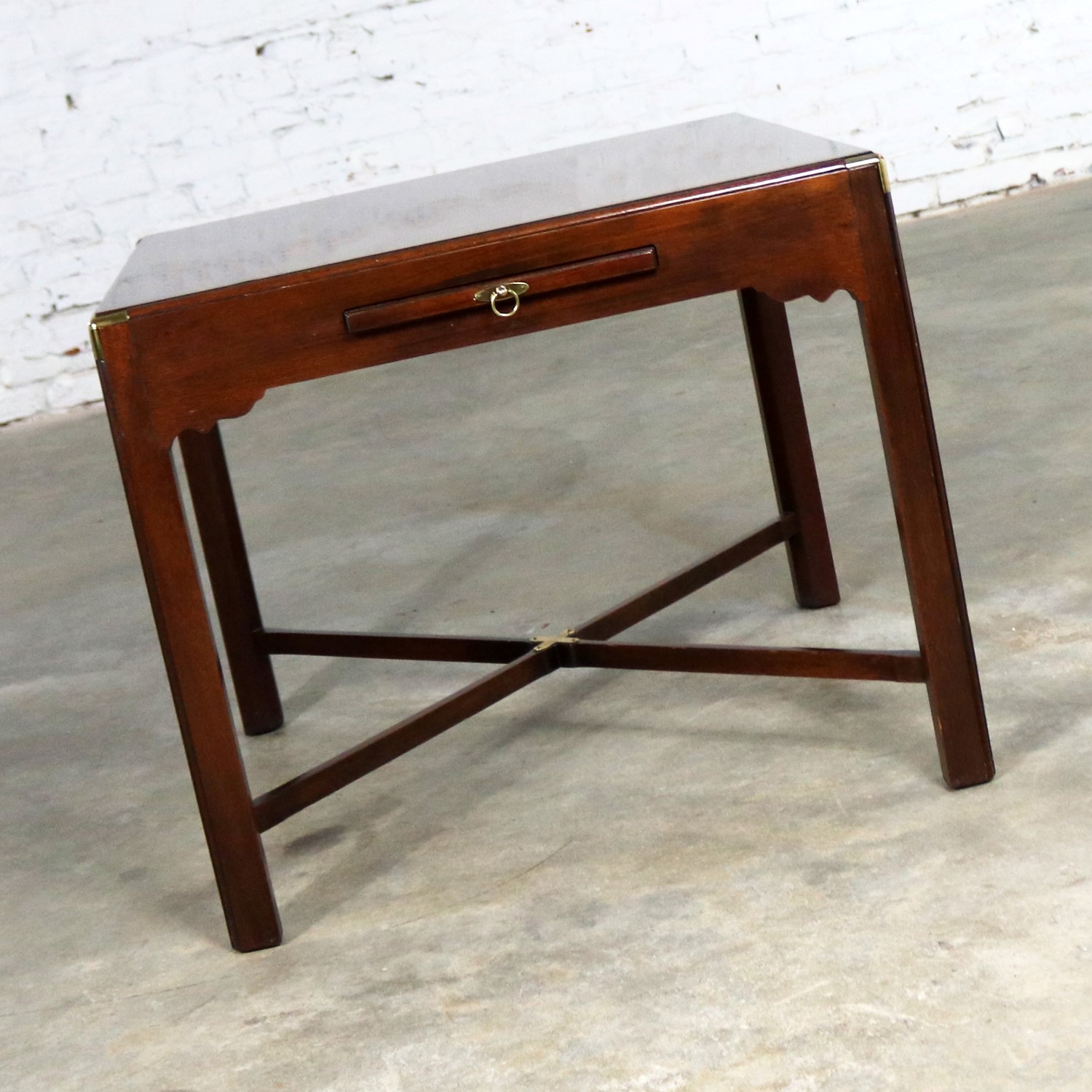 Campaign Style Square Side or End Table with Pull-Out Shelf and Brass Accents