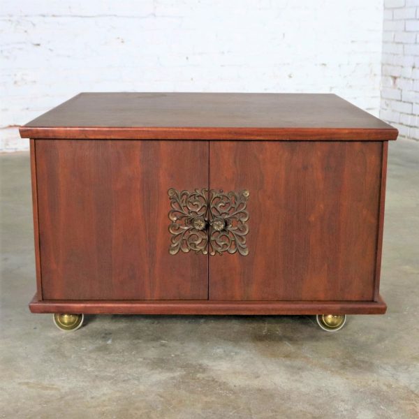 Square Mid Century Walnut Rolling End Table Storage Cabinet on Brass Ball Casters