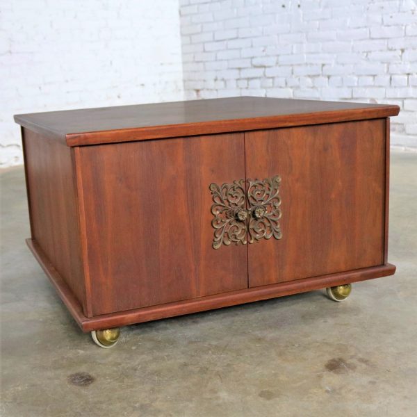 Square Mid Century Walnut Rolling End Table Storage Cabinet on Brass Ball Casters