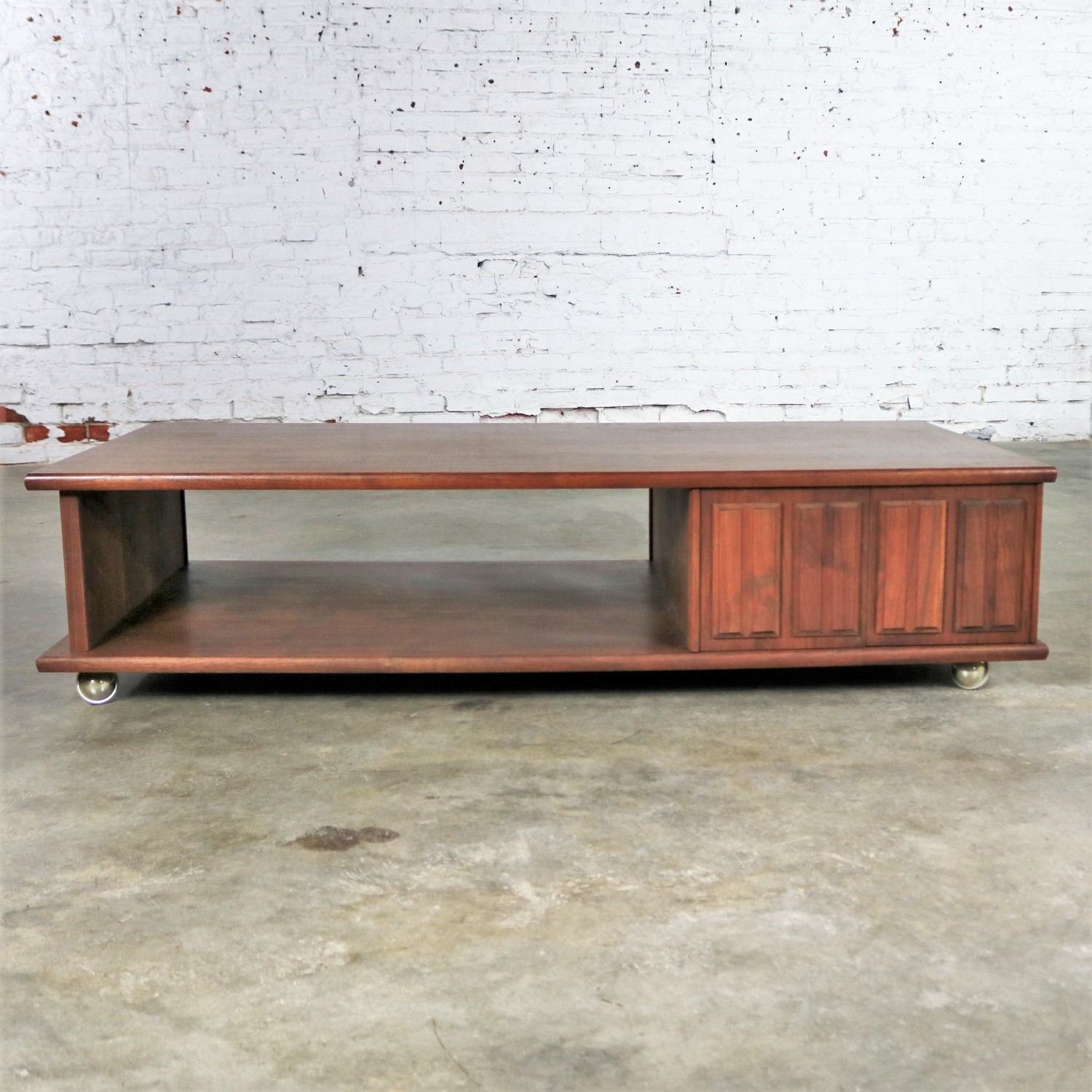 Low Slung Walnut Mid Century Rectangular Coffee Table with Storage on Casters