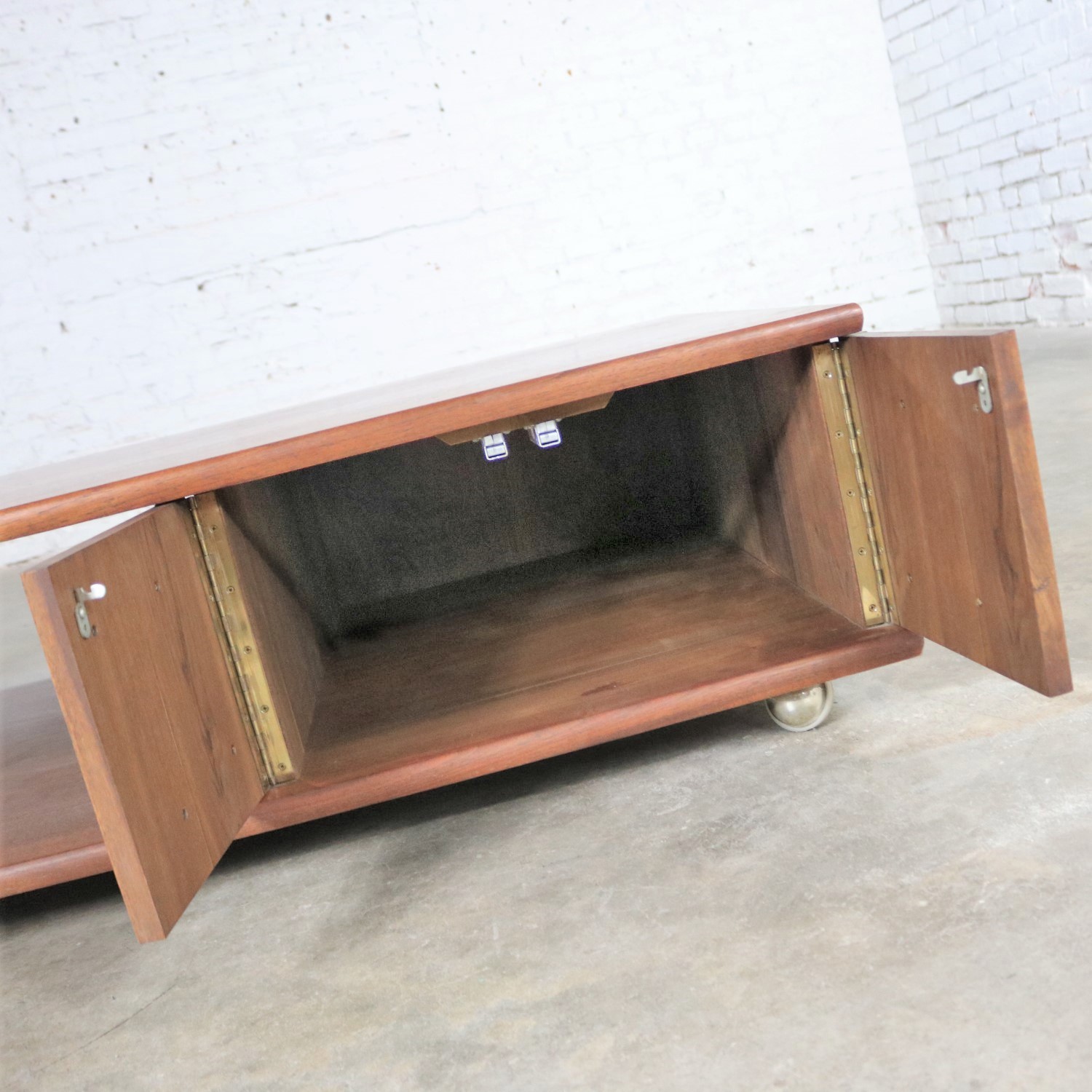 Low Slung Walnut Mid Century Rectangular Coffee Table with Storage on Casters