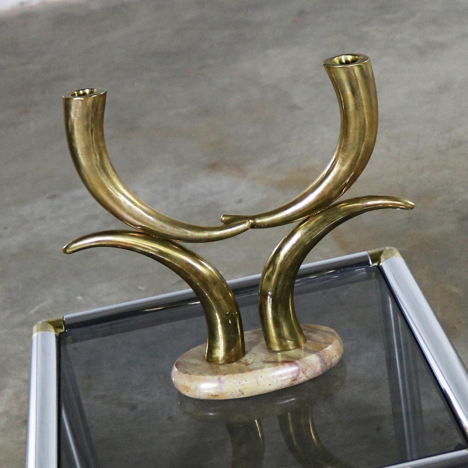 Brass Horn or Tusk Shaped Double Candle Holder on Oval Stone Base