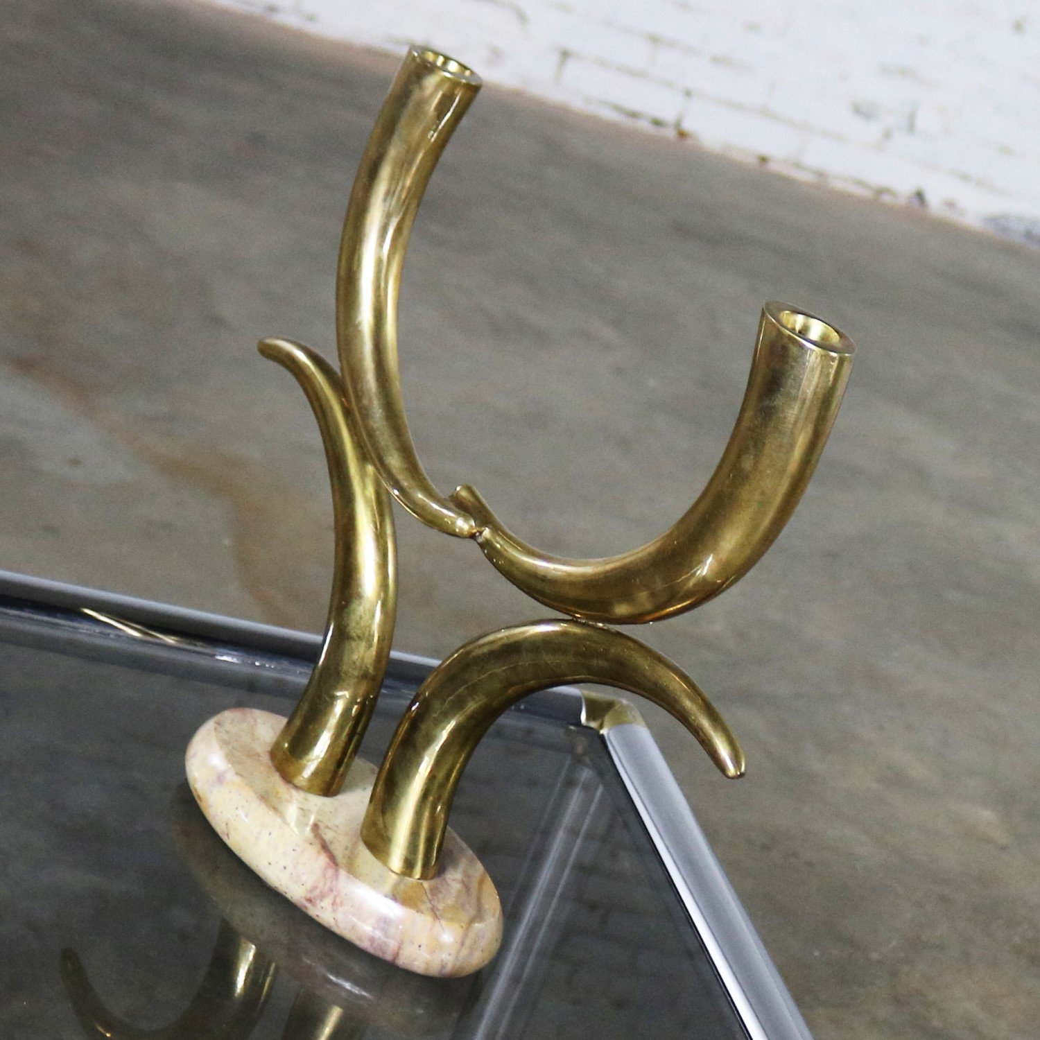 Brass Horn or Tusk Shaped Double Candle Holder on Oval Stone Base