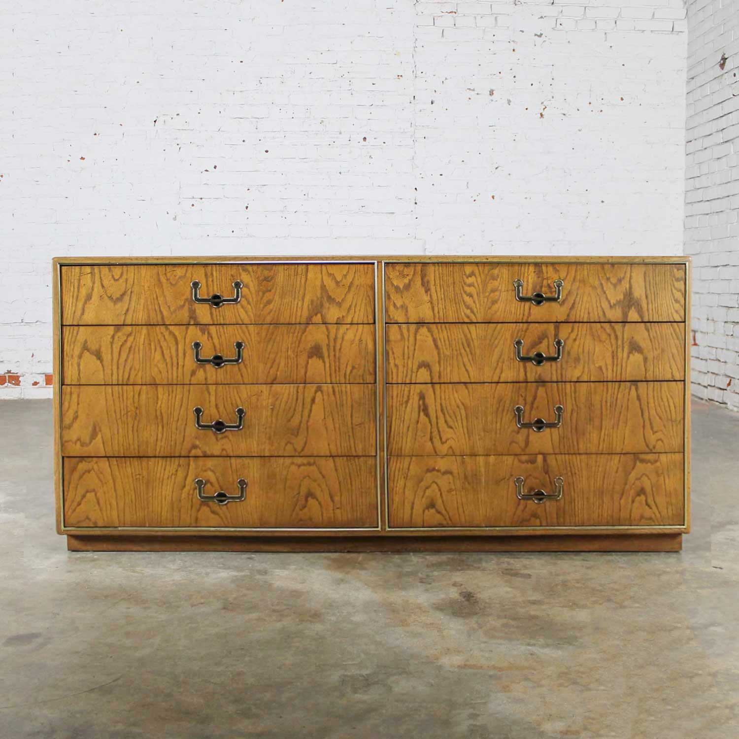 Vintage Modern Campaign Style Eight Drawer Oak Dresser by Founders Furniture
