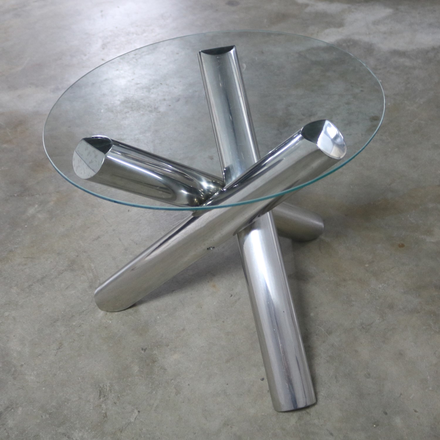 Tubular Stainless-Steel Jacks Tripod End Table Round Glass Top Style of Milo Baughman