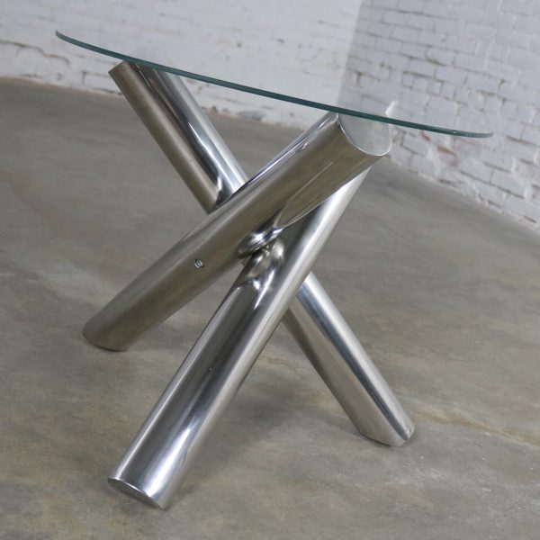 Tubular Stainless-Steel Jacks Tripod End Table Round Glass Top Style of Milo Baughman