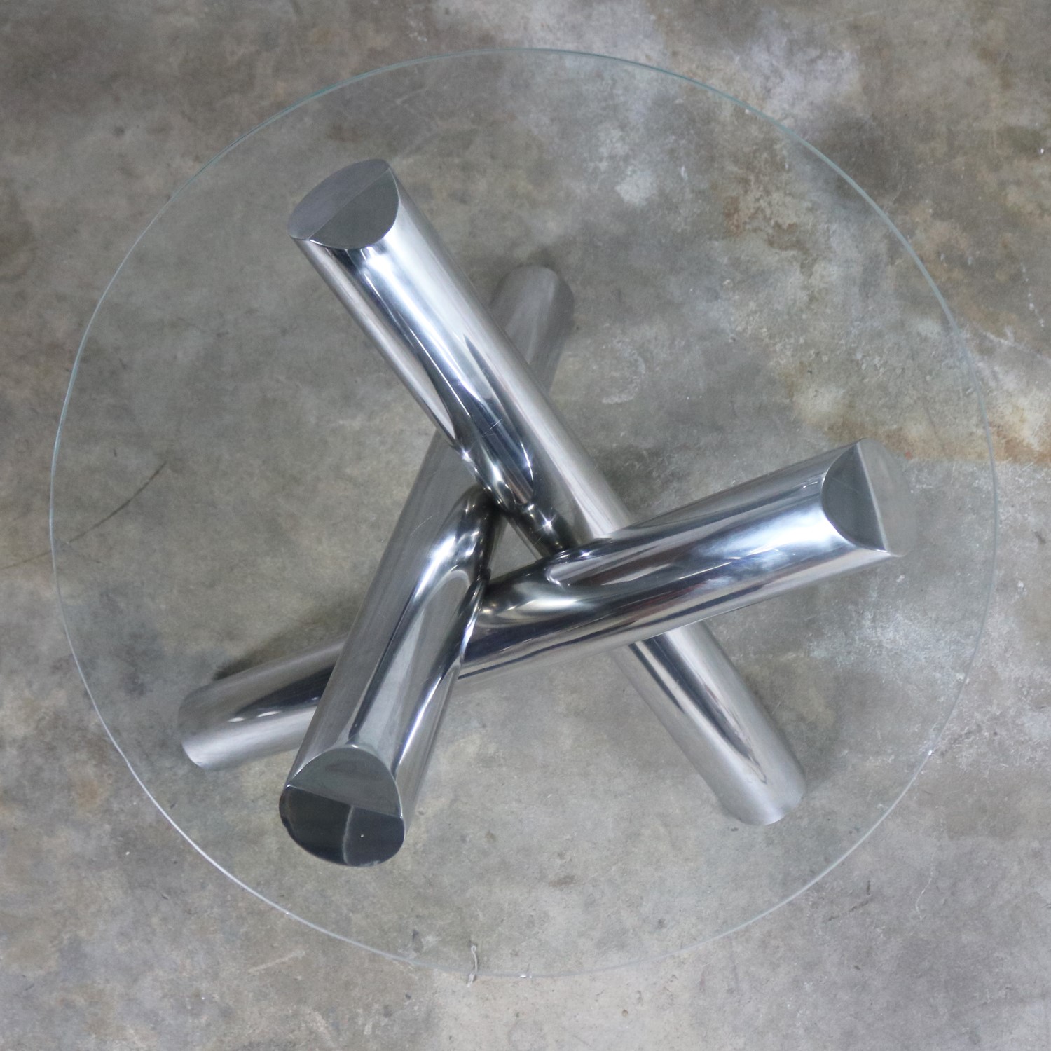 Tubular Stainless-Steel Jacks Tripod End Table Round Glass Top Style of Milo Baughman