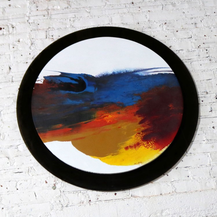 Abstract Round Acrylic Canvas Painting Mounted on Smoke Plexiglass by Ted R. Lownik