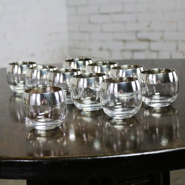 Sterling Silver Rimmed Roly Poly Cocktail Glasses Attributed to Dorothy Thorpe Set 10