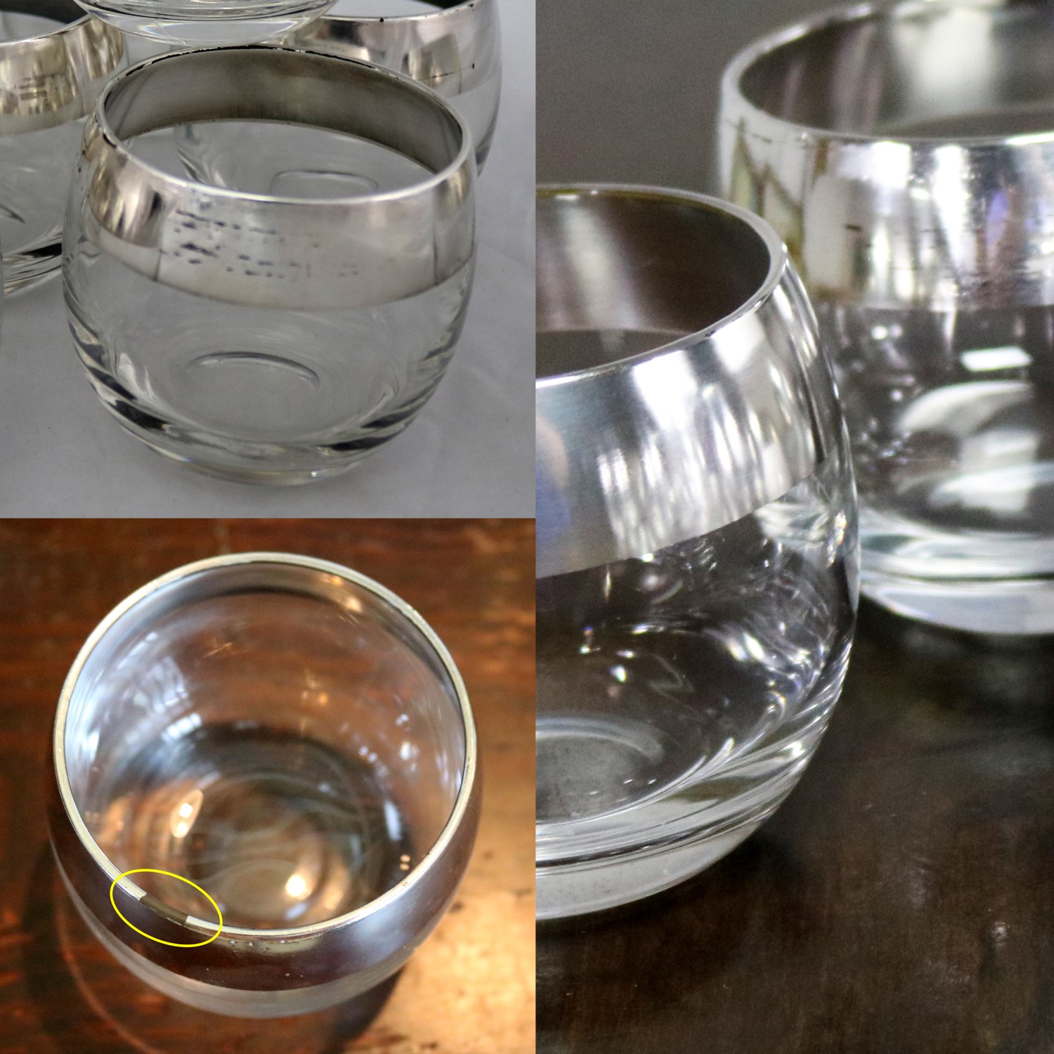 Sterling Silver Rimmed Roly Poly Cocktail Glasses Attributed to Dorothy Thorpe Set 10