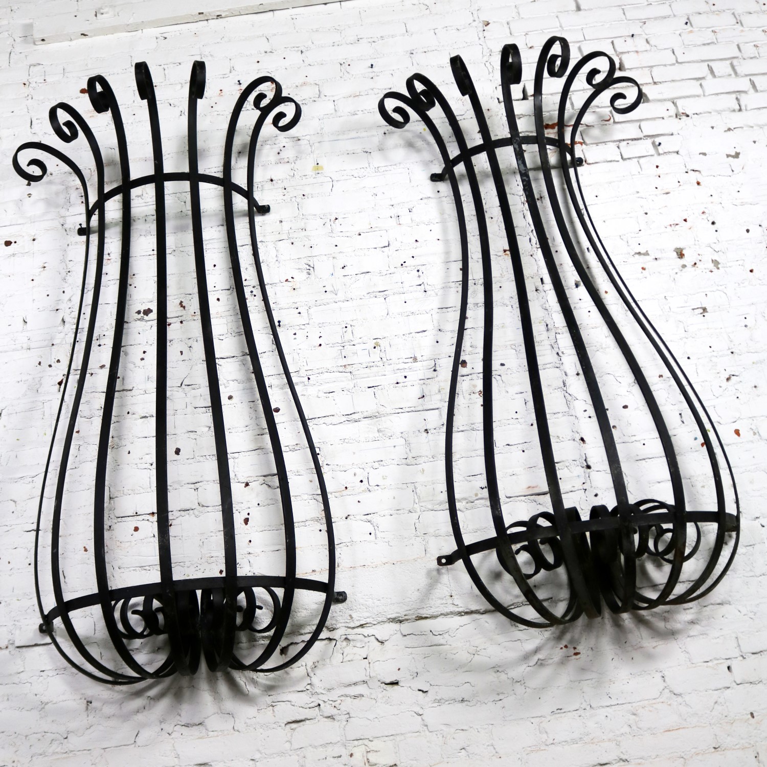 Architectural Antique Window Guards or Wall Urn Planters Hand Wrought Iron