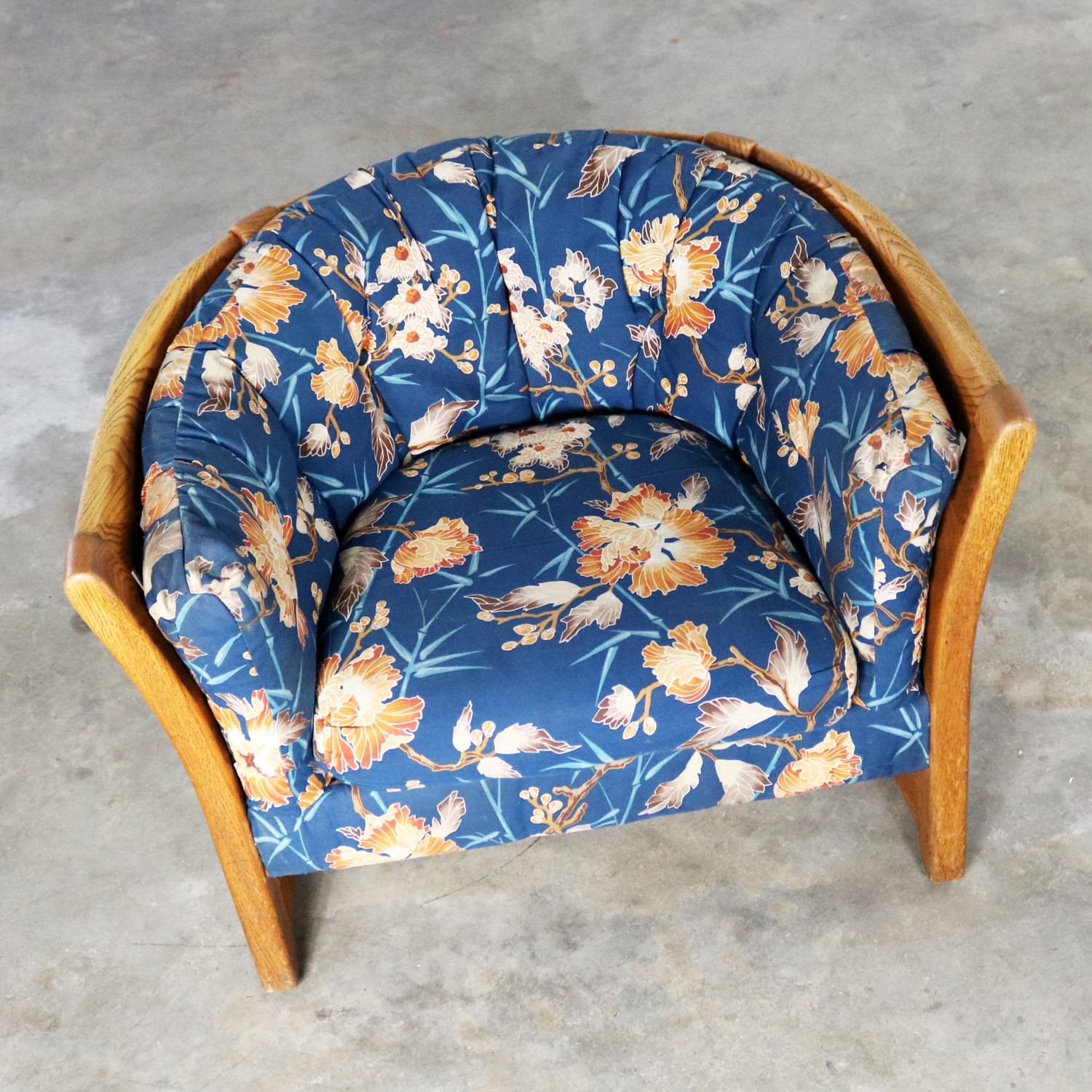 Oak Slatted Back Upholstered Barrel Lounge Chair 1970s