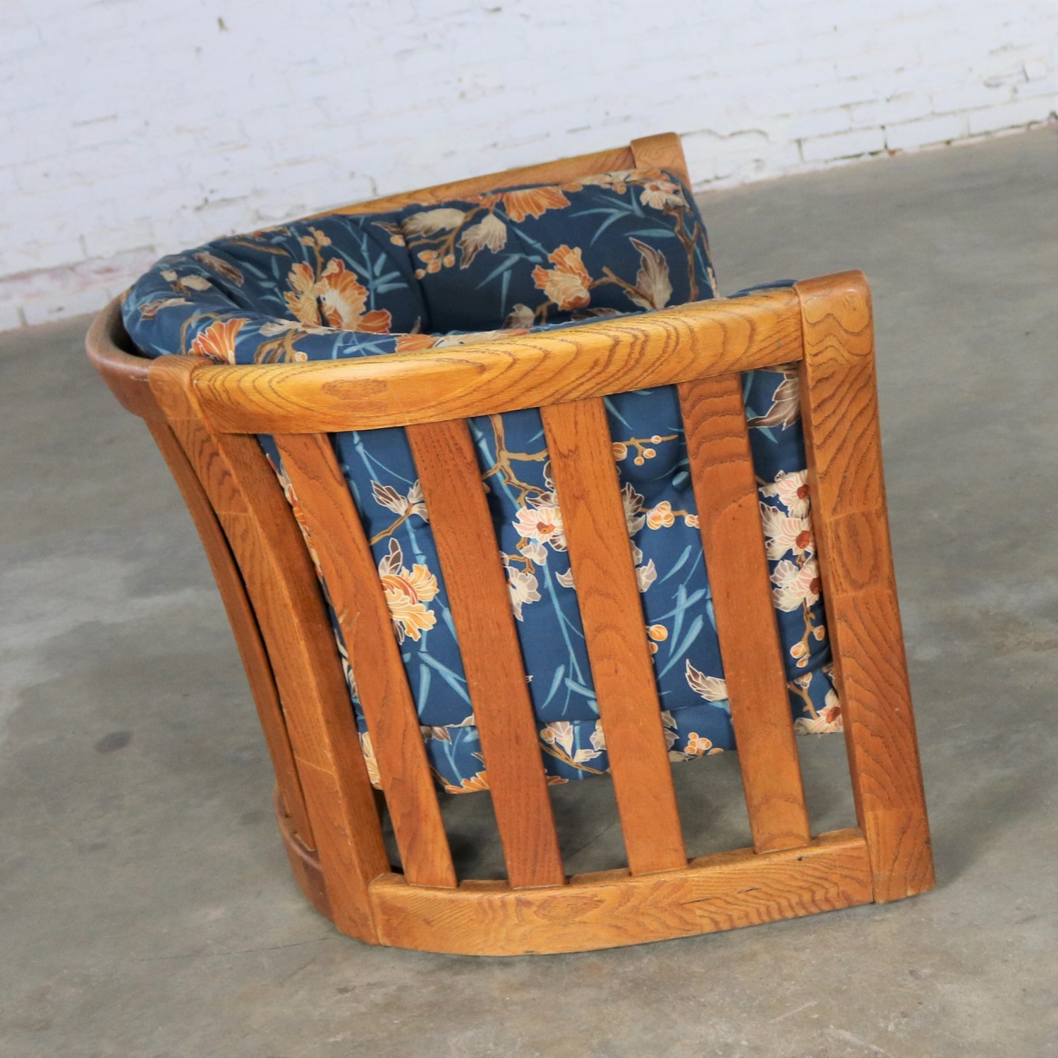 Oak Slatted Back Upholstered Barrel Lounge Chair 1970s