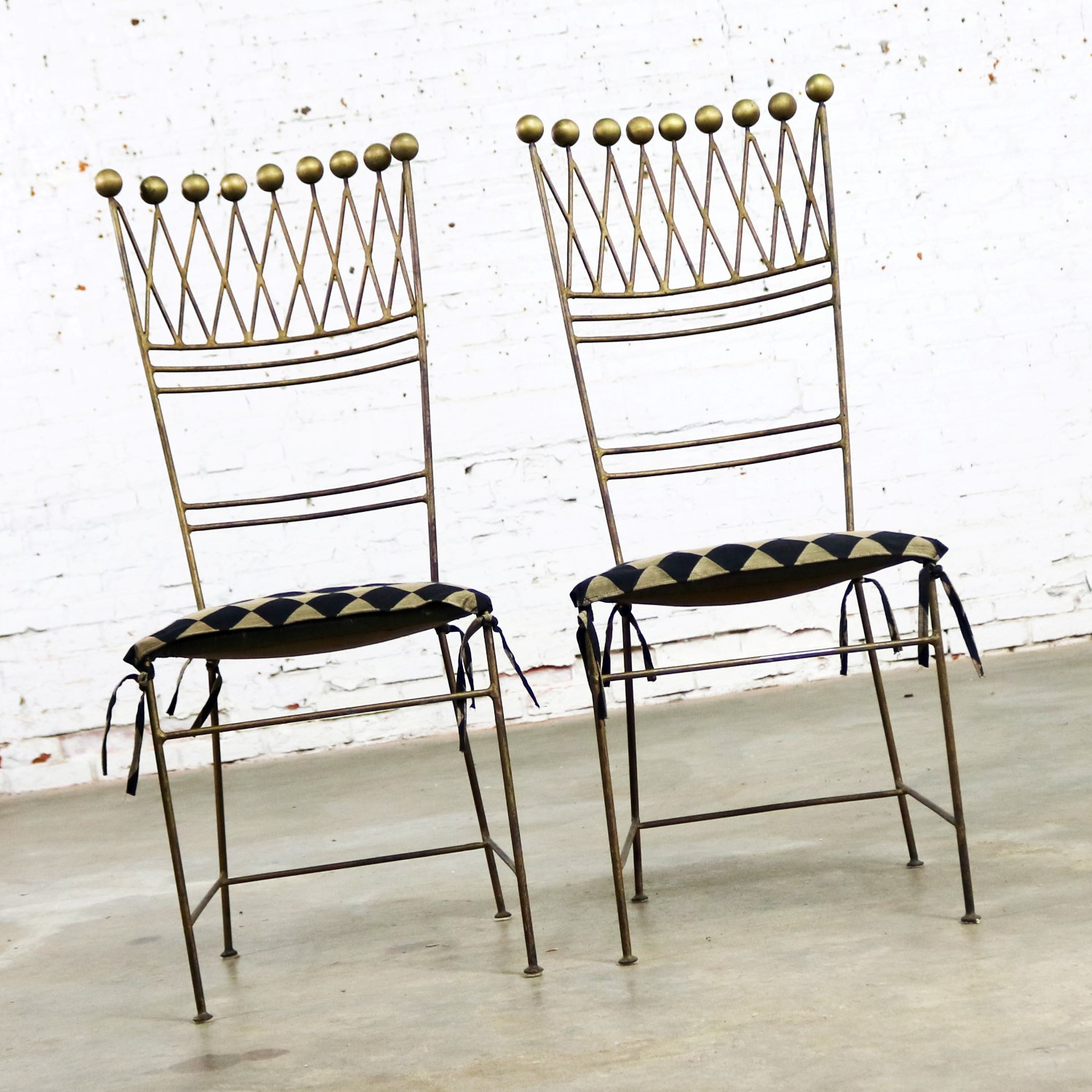 Pair Gilt Iron Chairs Crown or Harlequin Style Ball Finials Art Deco Hollywood Regency
