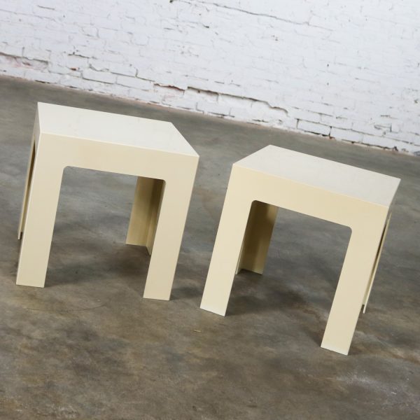 Pair Plastic Parsons Side Tables Antique White Style Kartell or Syroco Mid Century Modern