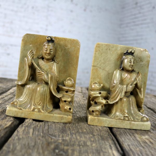 Antique Carved Soapstone Bookends with Chinese Figures and Teapot Detail