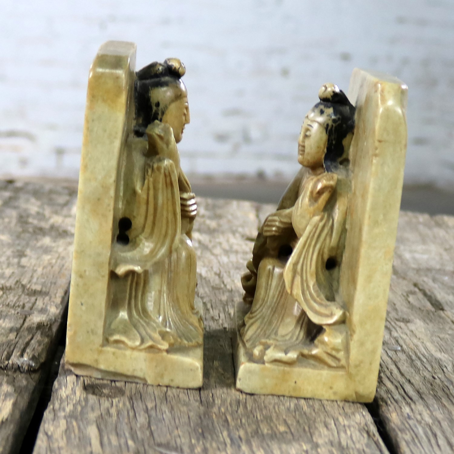 Antique Carved Soapstone Bookends with Chinese Figures and Teapot Detail