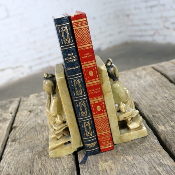 Antique Carved Soapstone Bookends with Chinese Figures and Teapot Detail