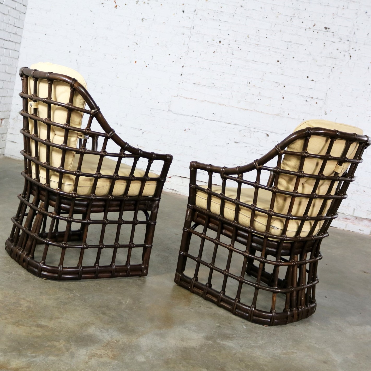 Brown Jordan Windowpane Dark Brown Rattan Lounge Chairs with Straw Color Cushions