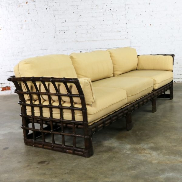 Brown Jordan Windowpane Dark Brown Rattan Sofa with Straw Colored Cushions