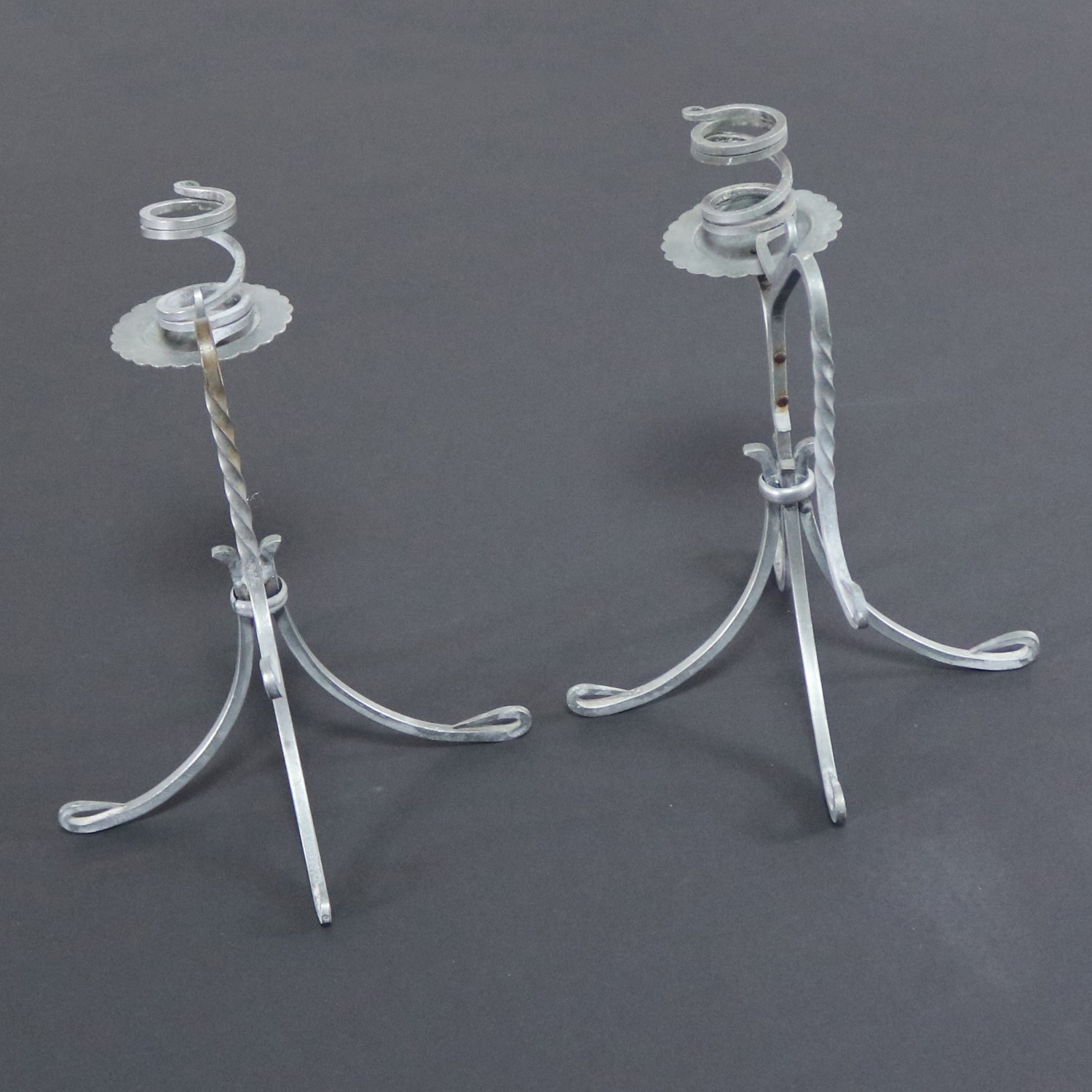 Twisted Tinned Wrought Iron Pair of Vintage Candlesticks