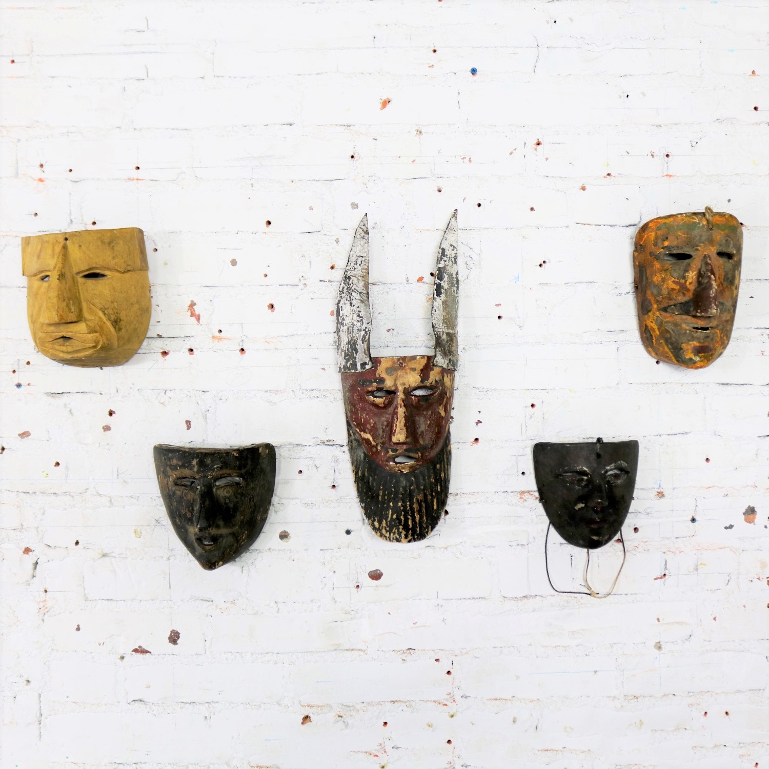 Collection of Five Vintage Mexican Folk Art Hand Carved Wood Masks