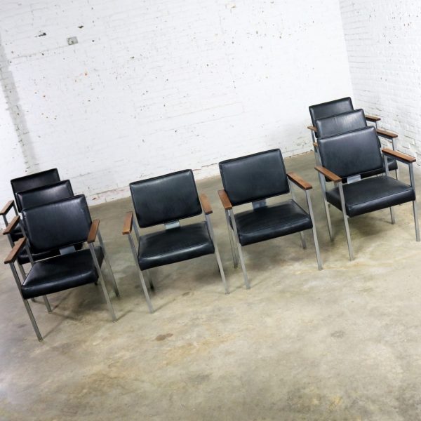 8 MCM Brushed Steel Black Vinyl Dining Conference Chairs with Walnut Arms by InterRoyal