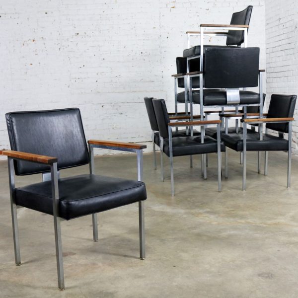 8 MCM Brushed Steel Black Vinyl Dining Conference Chairs with Walnut Arms by InterRoyal