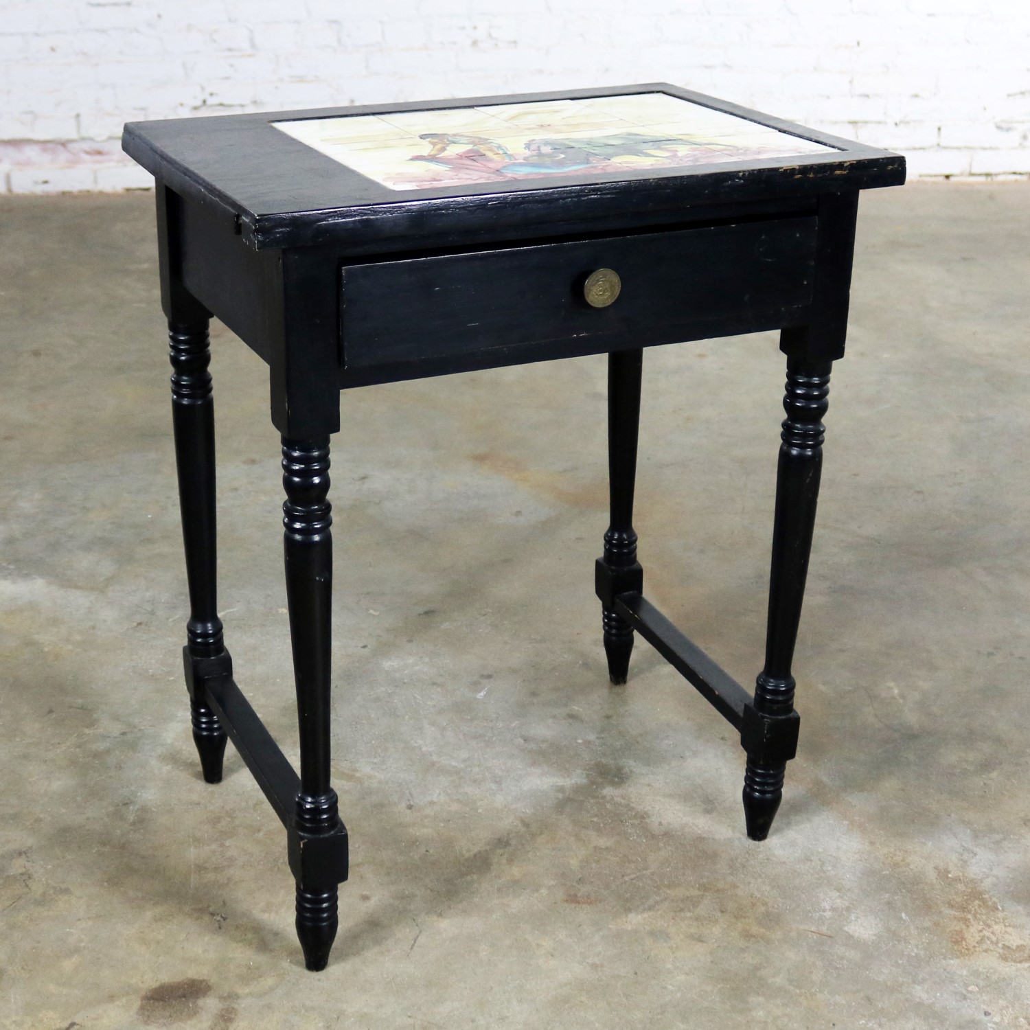 Vintage Black Turned Leg Drawered End Table with Matador and Bull Tile Insert Top