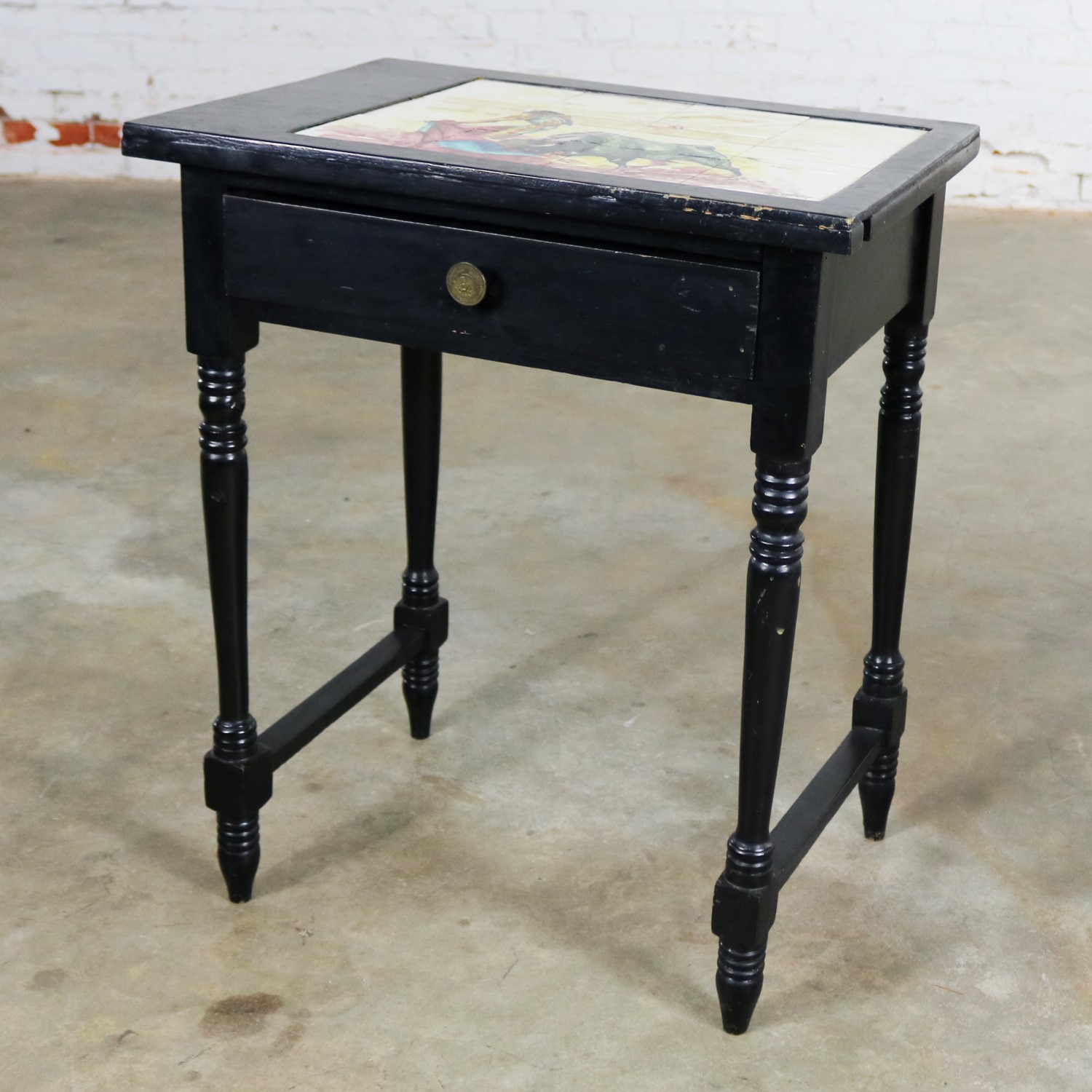 Vintage Black Turned Leg Drawered End Table with Matador and Bull Tile Insert Top