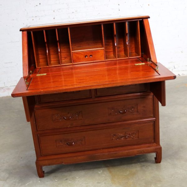 Asian Teak Hand Carved Drop Front Compartmentalized Desk Style of George Zee