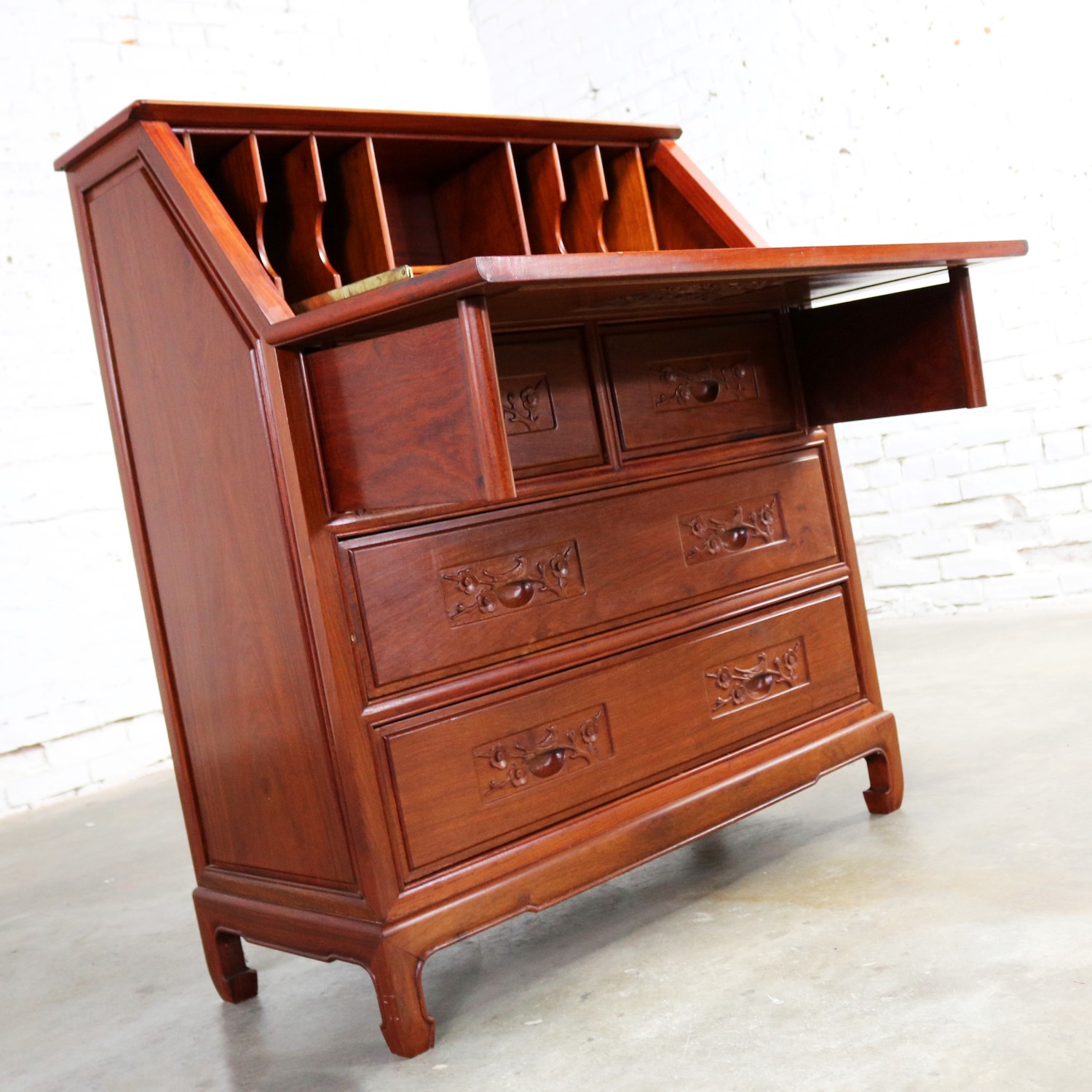 Asian Teak Hand Carved Drop Front Compartmentalized Desk Style of George Zee