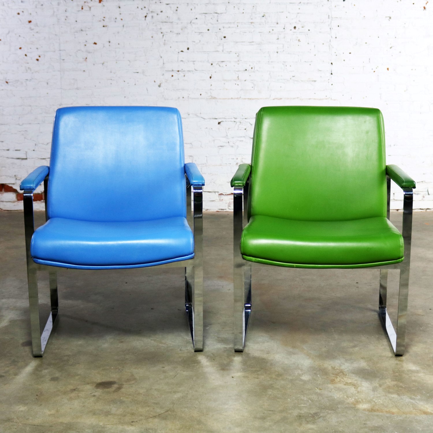 Mid Century Modern Chromcraft Flat Bar Chrome Chairs One Blue One Green Vinyl