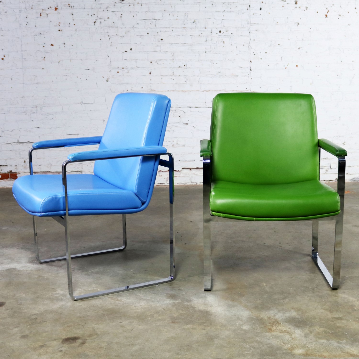 Mid Century Modern Chromcraft Flat Bar Chrome Chairs One Blue One Green Vinyl
