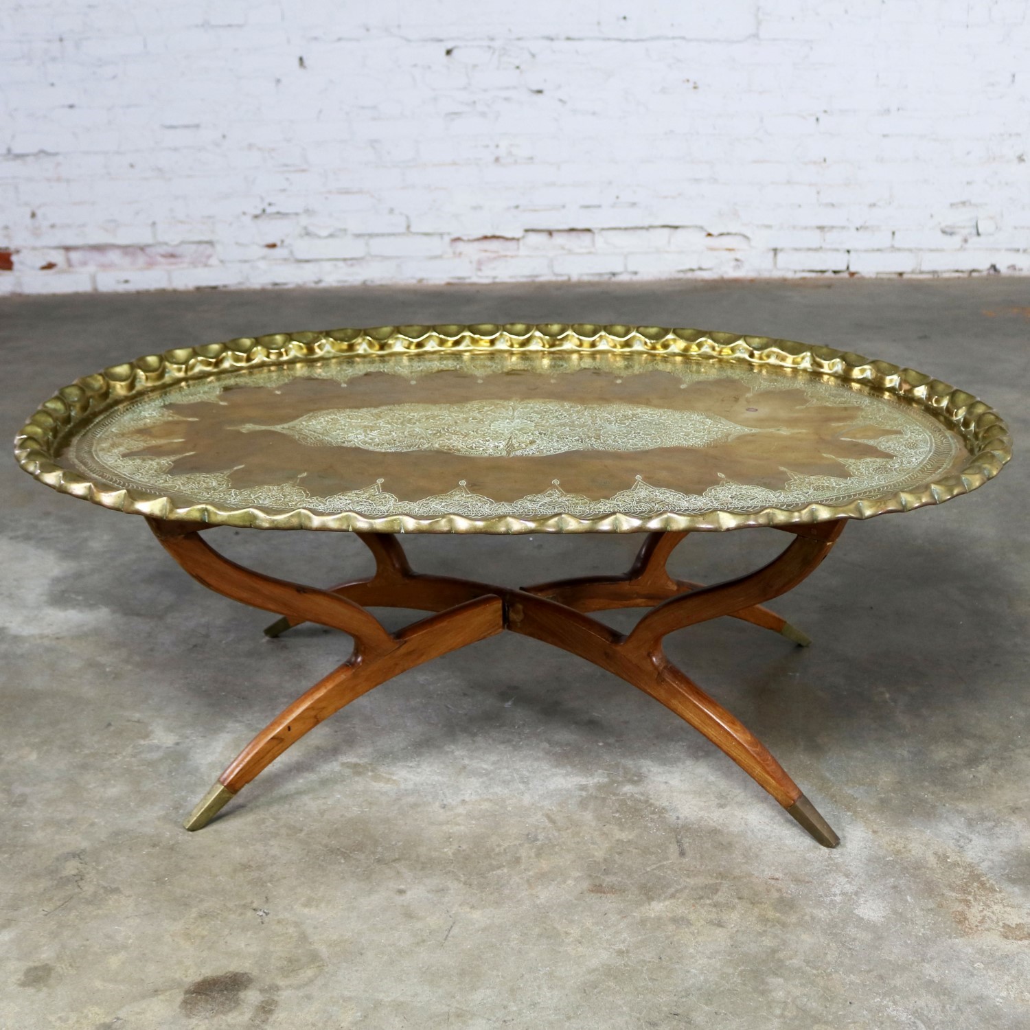 Vintage Indian Moroccan Style Oval Tray Top Spider 4 Leg Coffee Table