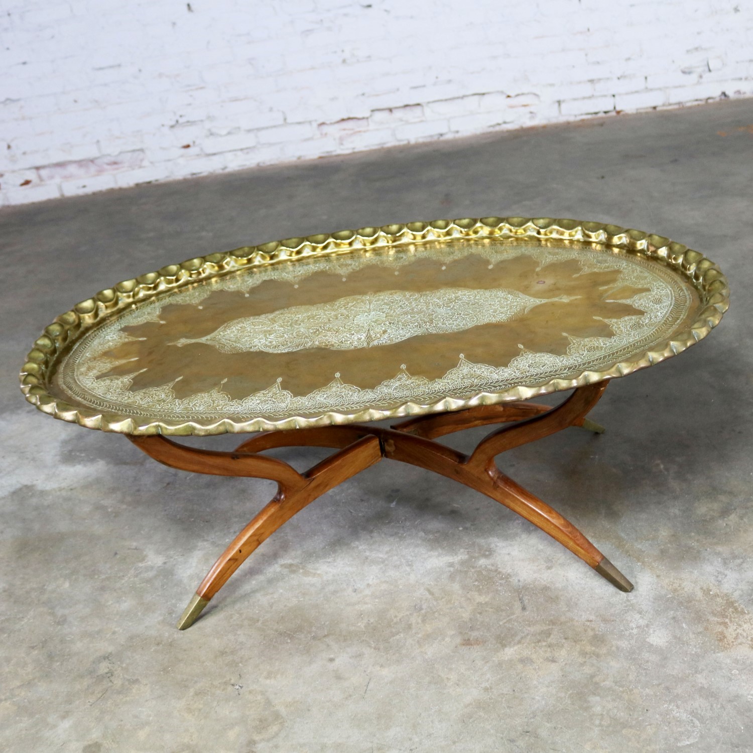 Vintage Indian Moroccan Style Oval Tray Top Spider 4 Leg Coffee Table