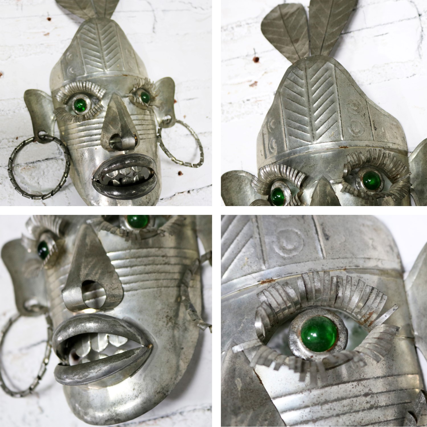 Collection of Six Tin Mexican Folk Art Masks of Varying Size Vintage